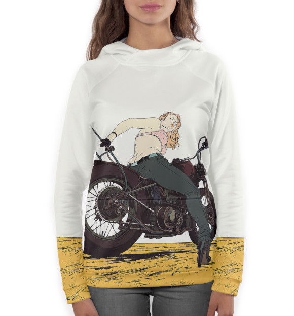 Женское худи с изображением Девушка на мотоцикле цвета Белый