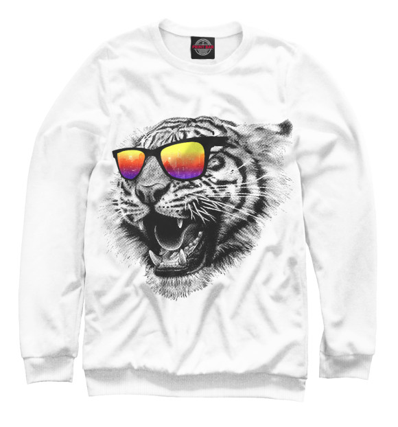 Мужской свитшот с изображением Тигр в очках цвета Белый