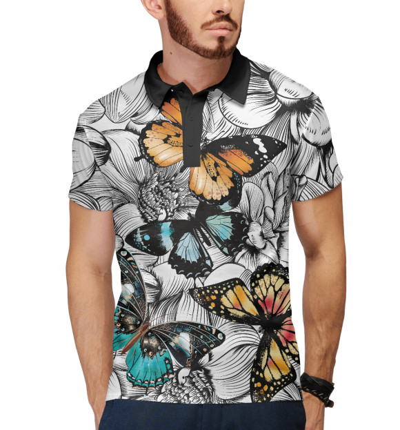 Мужское поло с изображением Цветные бабочки цвета Белый