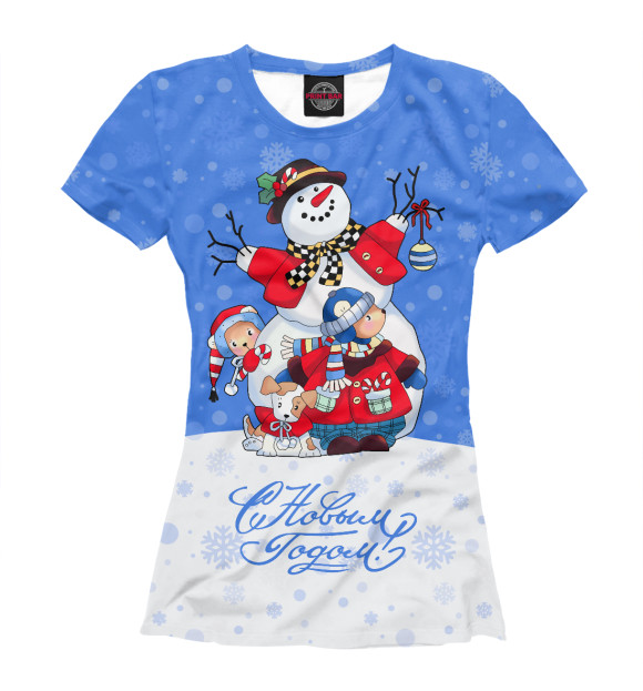 Женская футболка с изображением Снеговик с друзьями цвета Белый