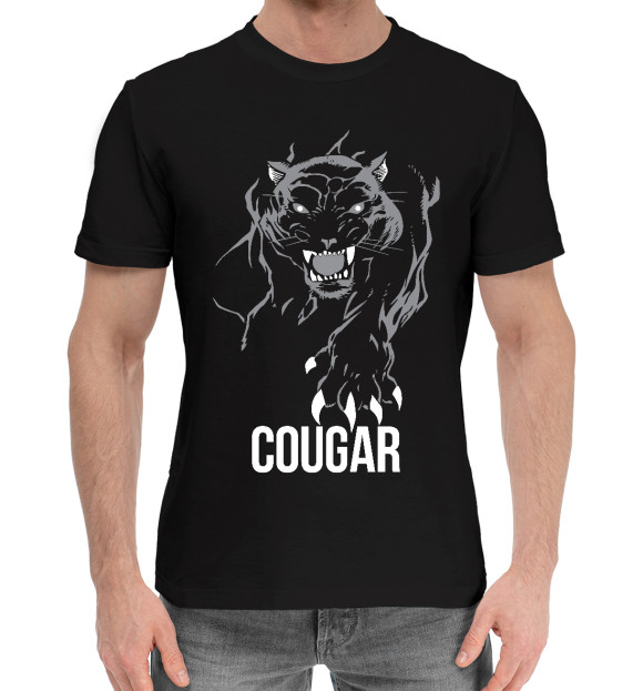 Мужская хлопковая футболка с изображением Пума на охоте цвета Черный