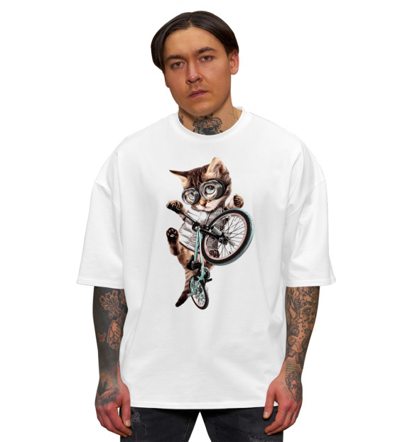 Мужская футболка оверсайз с изображением Кот на BMX цвета Белый