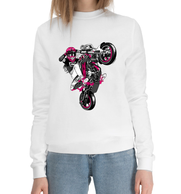 Женский хлопковый свитшот с изображением Девушка на мотоцикле цвета Белый