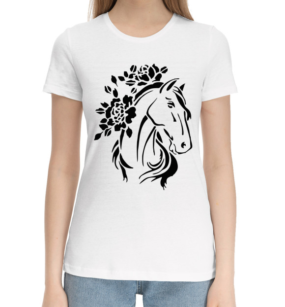 Женская хлопковая футболка с изображением Лошадь цвета Белый