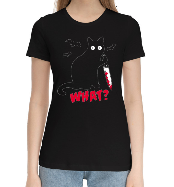 Женская хлопковая футболка с изображением What? цвета Черный