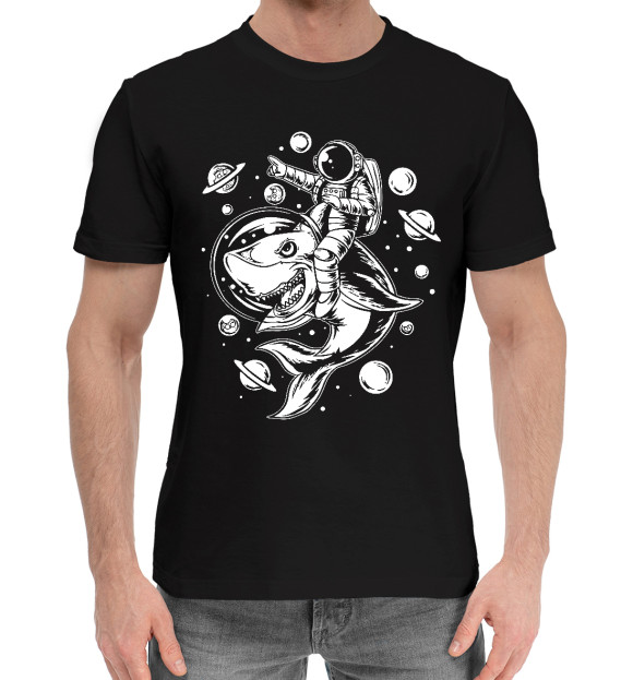 Мужская хлопковая футболка с изображением Space shark цвета Черный