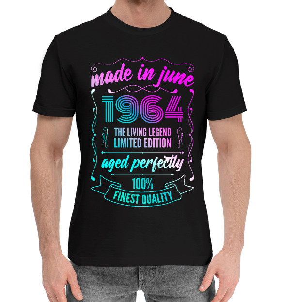 Мужская хлопковая футболка с изображением Made In June 1964 Vintage Neon цвета Черный