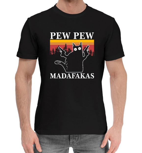 Мужская хлопковая футболка с изображением Madafakas! PEW PEW цвета Черный