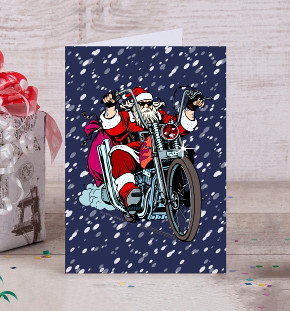 Открытка с изображением Санта Клаус байкер цвета Белый