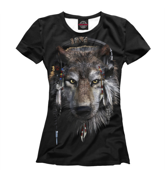 Женская футболка с изображением Волк в наушниках цвета Белый