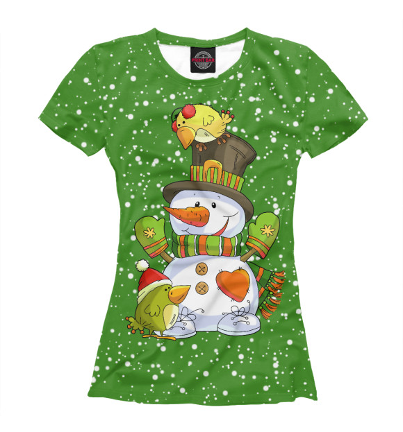 Женская футболка с изображением Снеговик с птичками цвета Белый