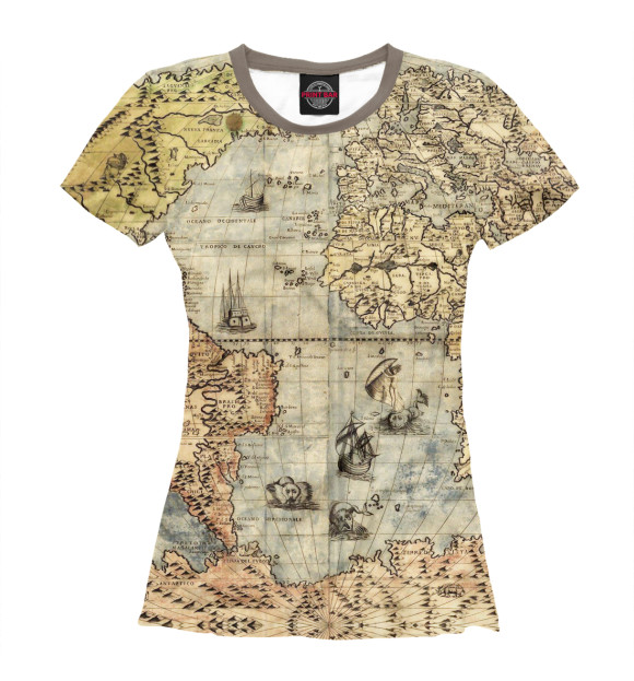 Женская футболка с изображением Древняя карта мира, Тихий океан цвета Белый