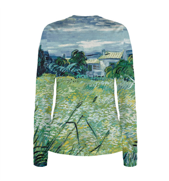 Женский лонгслив с изображением Ван Гог. Зеленое пшеничное поле с кипарисом цвета Белый