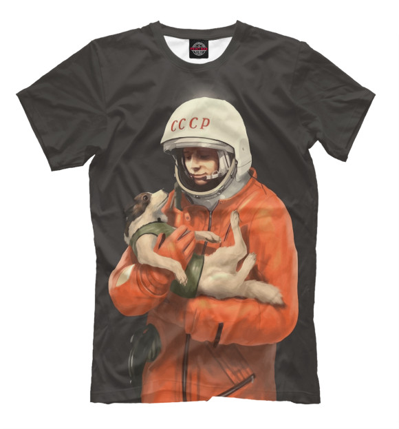 Мужская футболка с изображением Космонавт СССР с собачкой цвета Молочно-белый