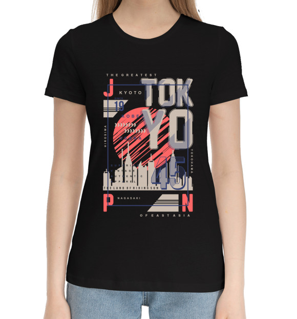 Женская хлопковая футболка с изображением Япония цвета Черный