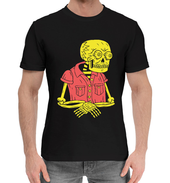 Мужская хлопковая футболка с изображением Уставший скелет цвета Черный