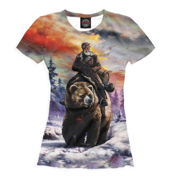 Женская футболка с изображением Верхом на медведе цвета Белый