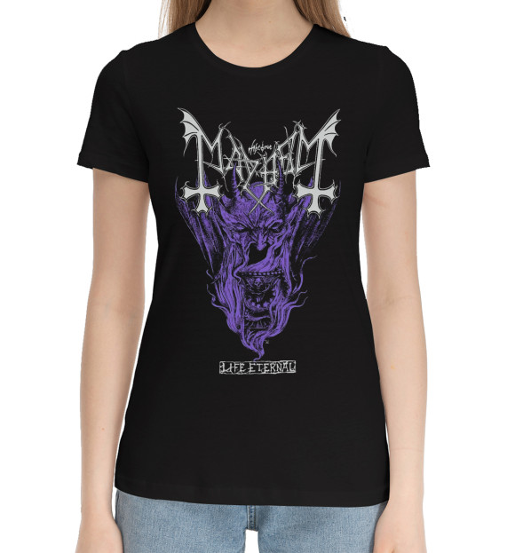 Женская хлопковая футболка с изображением Mayhem цвета Черный