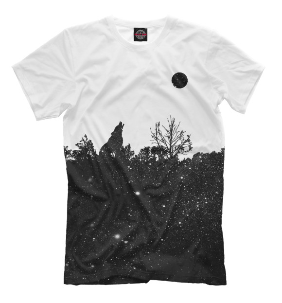 Мужская футболка с изображением Волк в звездном лесу цвета Молочно-белый