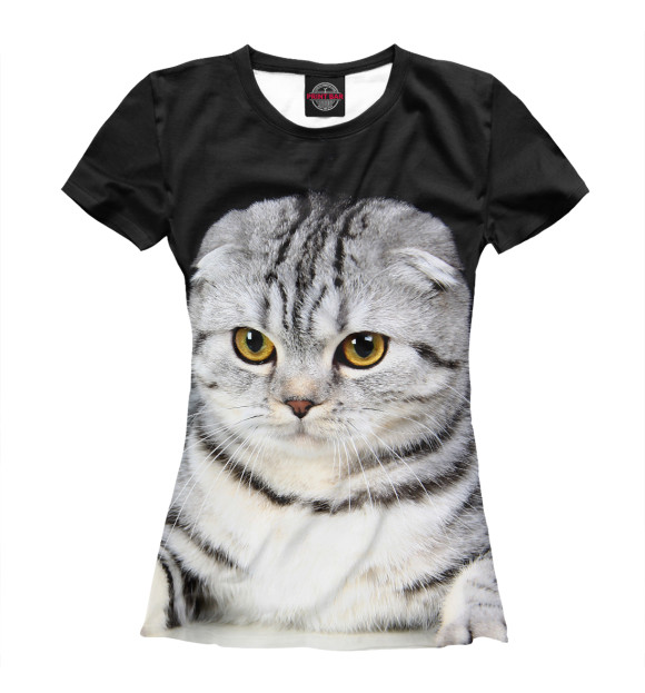 Женская футболка с изображением Серый кот цвета Белый
