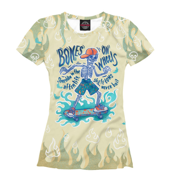 Женская футболка с изображением Скелет катается на скейтборде бежевый цвета Белый