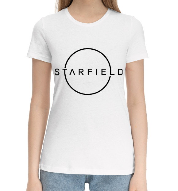 Женская хлопковая футболка с изображением Starfield цвета Белый