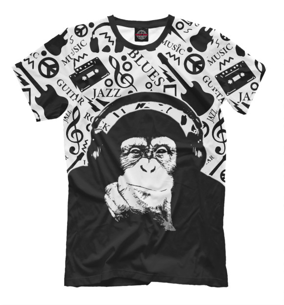 Мужская футболка с изображением Шимпанзе в наушниках цвета Черный