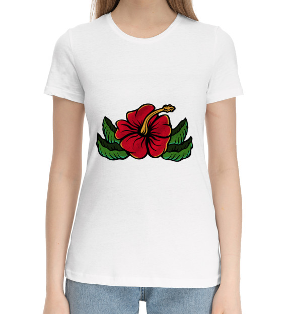 Женская хлопковая футболка с изображением Красный Гибискус цвета Белый