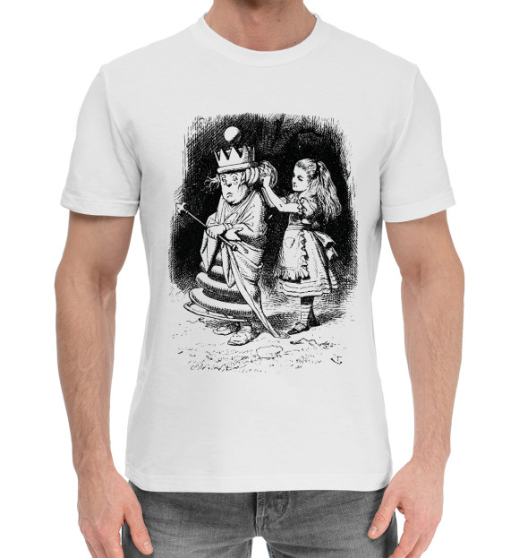 Мужская хлопковая футболка с изображением Алиса и королева цвета Белый