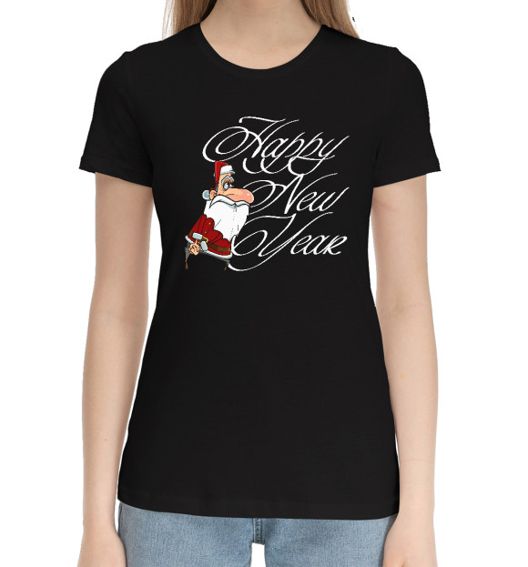 Женская хлопковая футболка с изображением Санта Клаус Happy New Year цвета Черный
