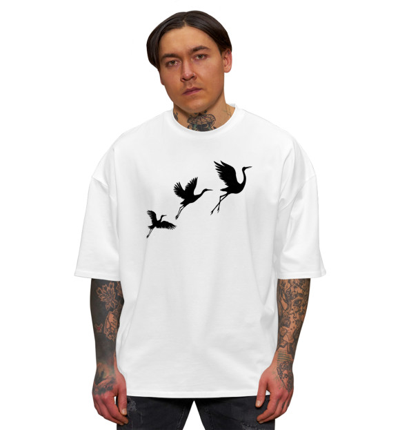 Мужская футболка оверсайз с изображением Улетающие журавли цвета Белый