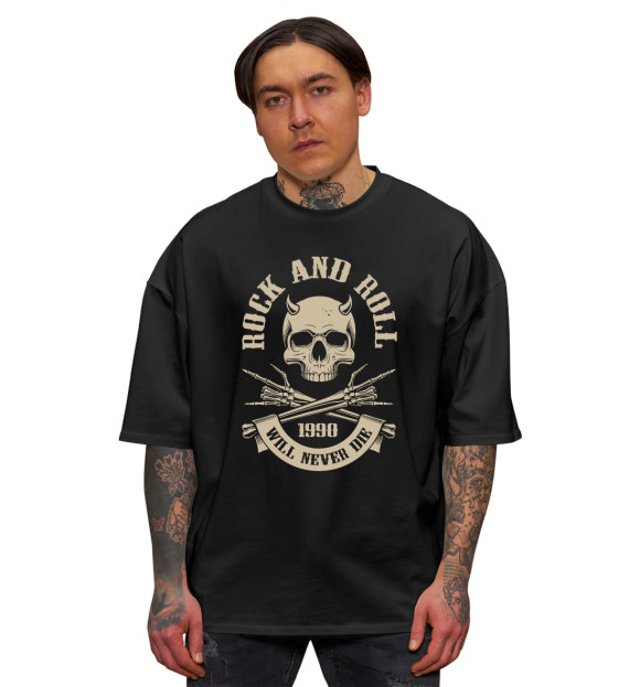 Мужская футболка оверсайз с изображением Rock N Roll - skull цвета Черный
