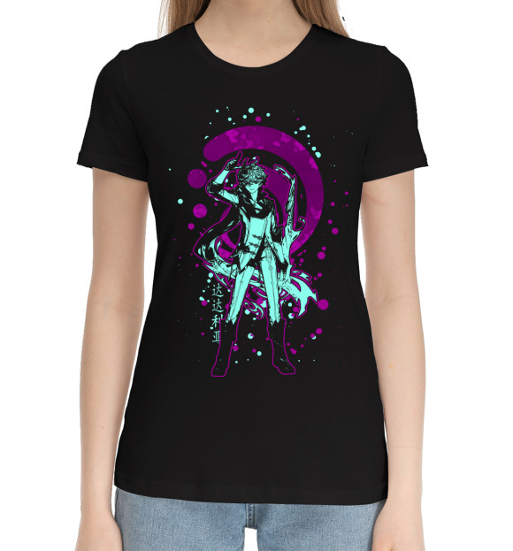 Женская хлопковая футболка с изображением Genshin Impact, Тарталья цвета Черный