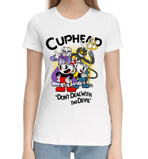 Женская хлопковая футболка с изображением Cuphead, главный герои цвета Белый
