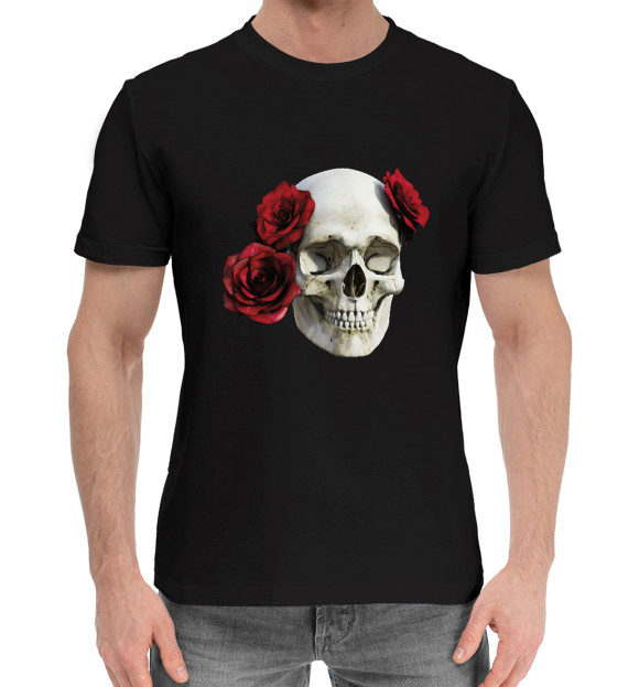 Мужская хлопковая футболка с изображением Череп с розами цвета Черный