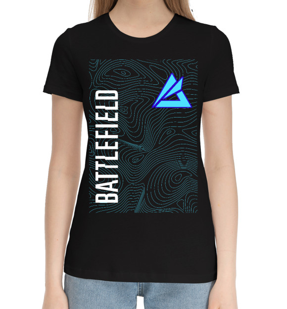 Женская хлопковая футболка с изображением Батлфилд 2042 - Линии цвета Черный