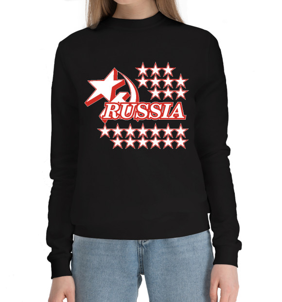 Женский хлопковый свитшот с изображением Russia (звёзды) цвета Черный