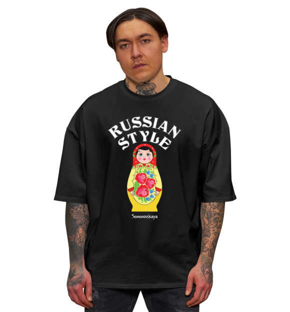 Мужская футболка оверсайз с изображением Семеновская матрешка цвета Черный