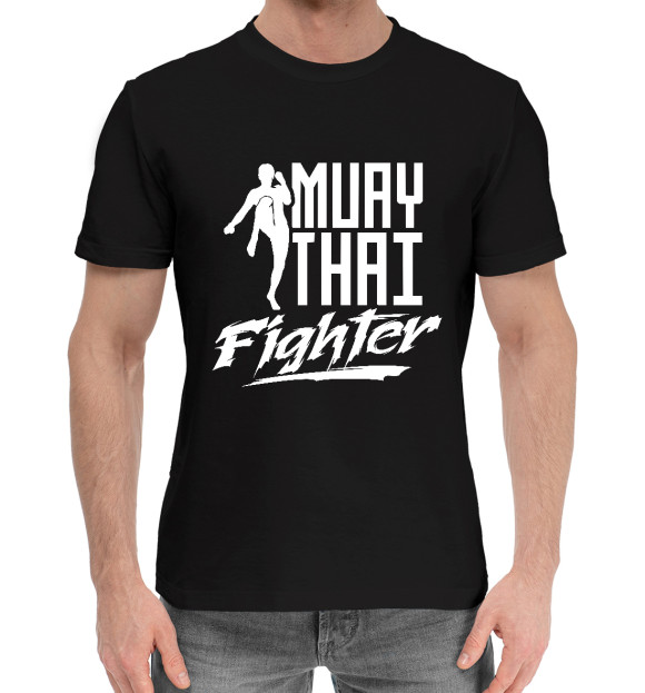 Мужская хлопковая футболка с изображением Muay Thai Fighter цвета Черный