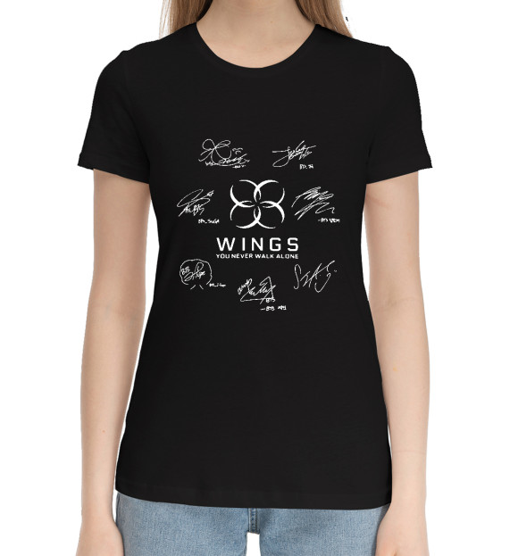 Женская хлопковая футболка с изображением BTS Wings цвета Черный