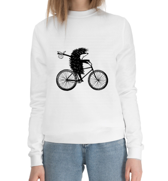 Женский хлопковый свитшот с изображением Ежик на велосипеде цвета Белый