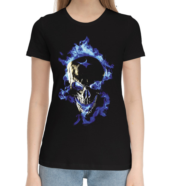 Женская хлопковая футболка с изображением Neon skull цвета Черный