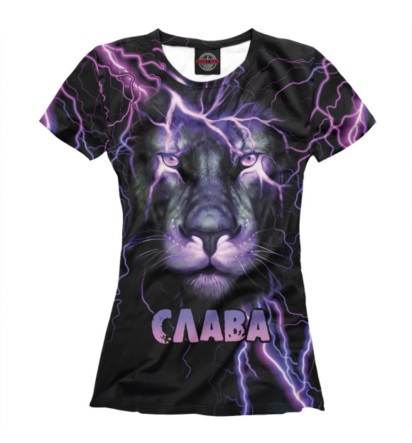 Женская футболка с изображением Неоновый лев Слава цвета Белый