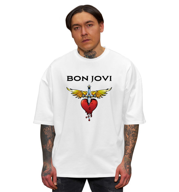 Мужская футболка оверсайз с изображением Bon Jovi цвета Белый