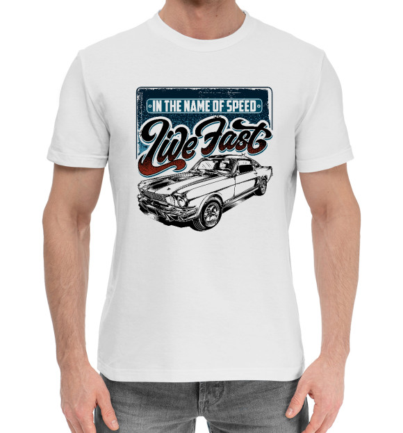 Мужская хлопковая футболка с изображением Live fast (спорткар) цвета Белый
