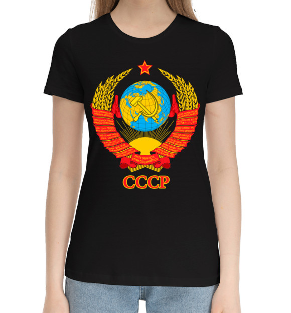 Женская хлопковая футболка с изображением Герб СССР цвета Черный
