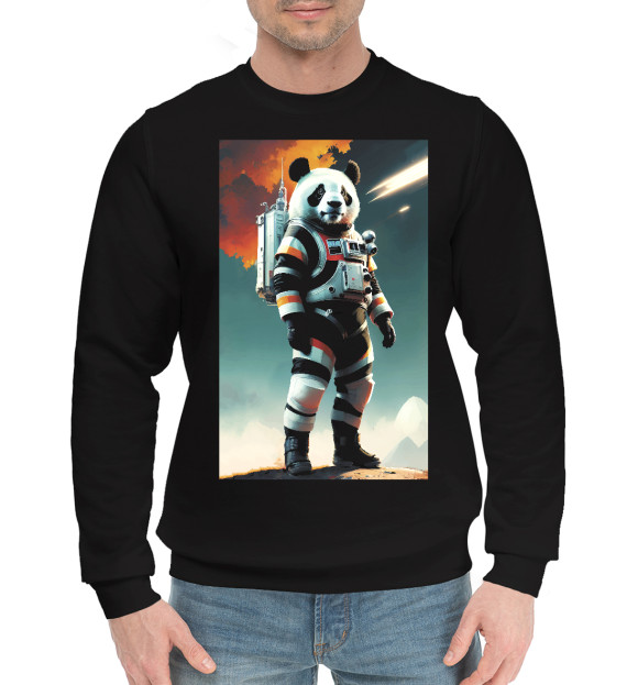 Мужской хлопковый свитшот с изображением Панда бравый космонавт цвета Черный
