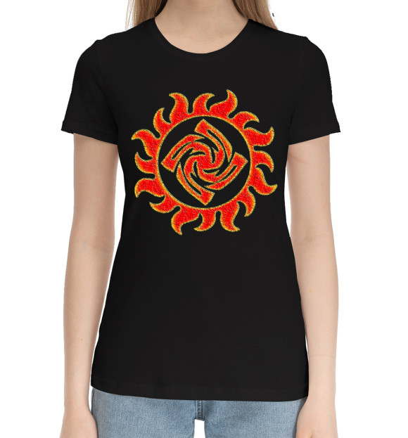 Женская хлопковая футболка с изображением Символ оберег ЗНИЧ цвета Черный