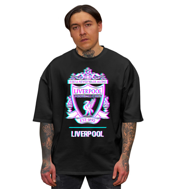 Мужская футболка оверсайз с изображением Liverpool FC Glitch цвета Черный