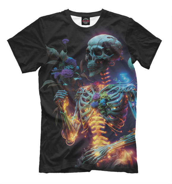 Мужская футболка с изображением Светящийся скелет с цветами цвета Белый